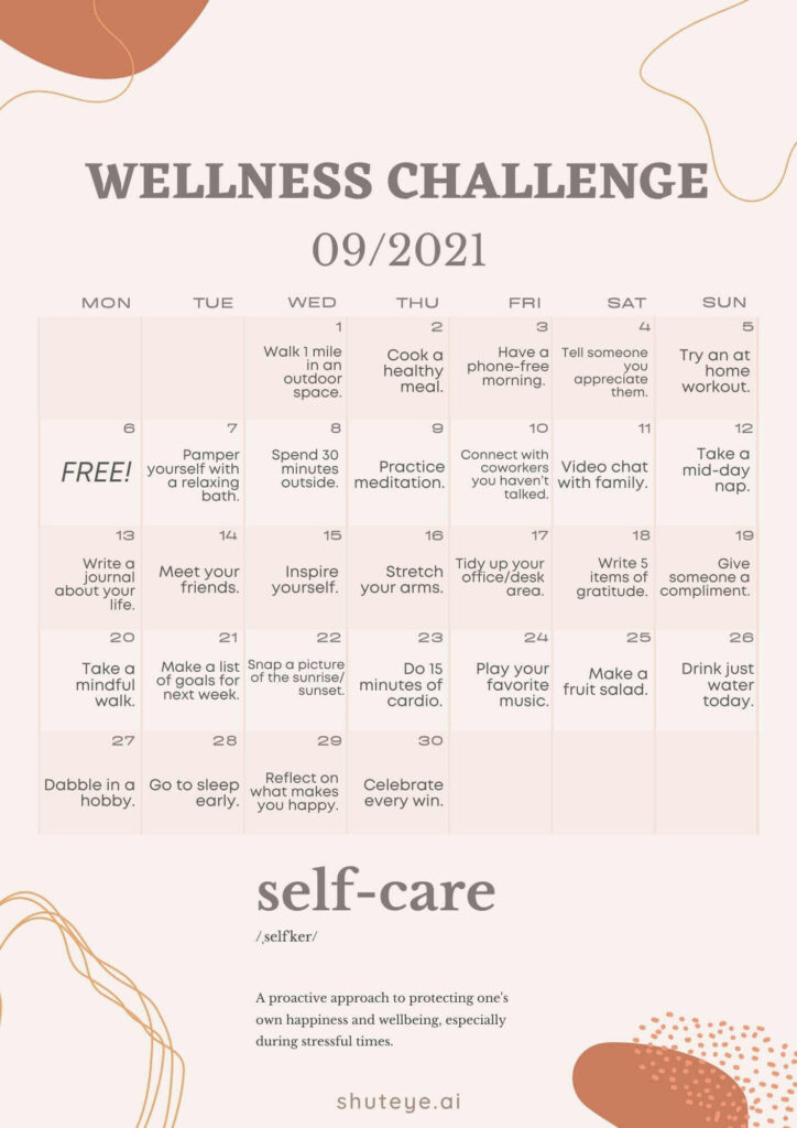 ShutEye 30 Day Wellness Challenge Calendar Ideas