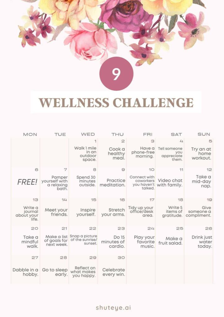 ShutEye 30 Day Wellness Challenge Calendar Ideas