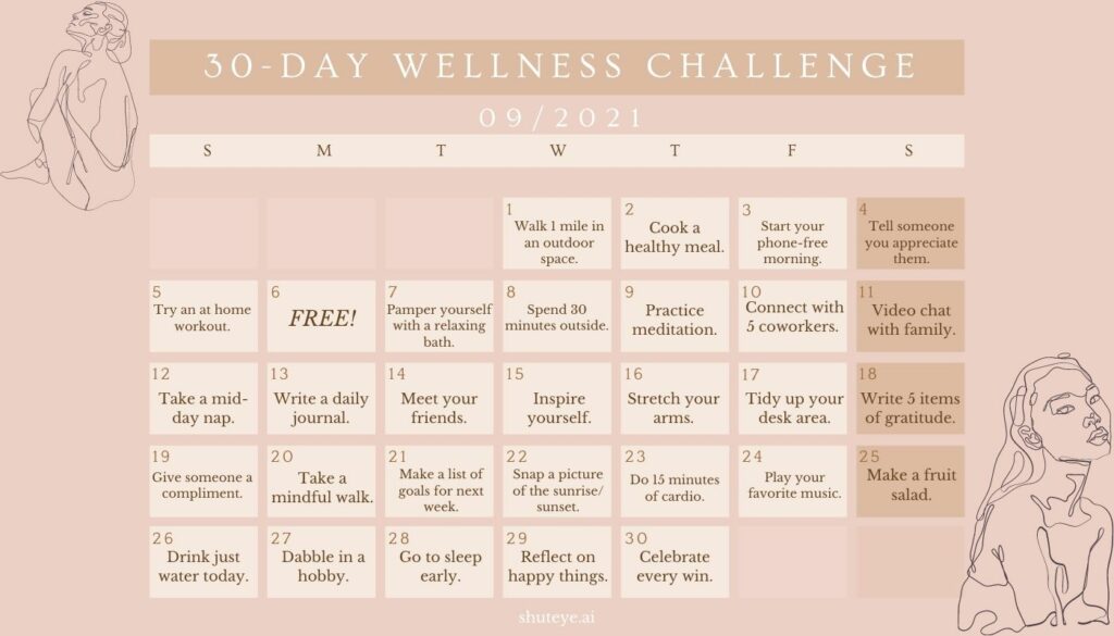 ShutEye 30 Day Wellness Challenge Calendar Ideas