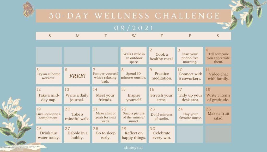 ShutEye 30 Day Wellness Challenge Calendar Ideas