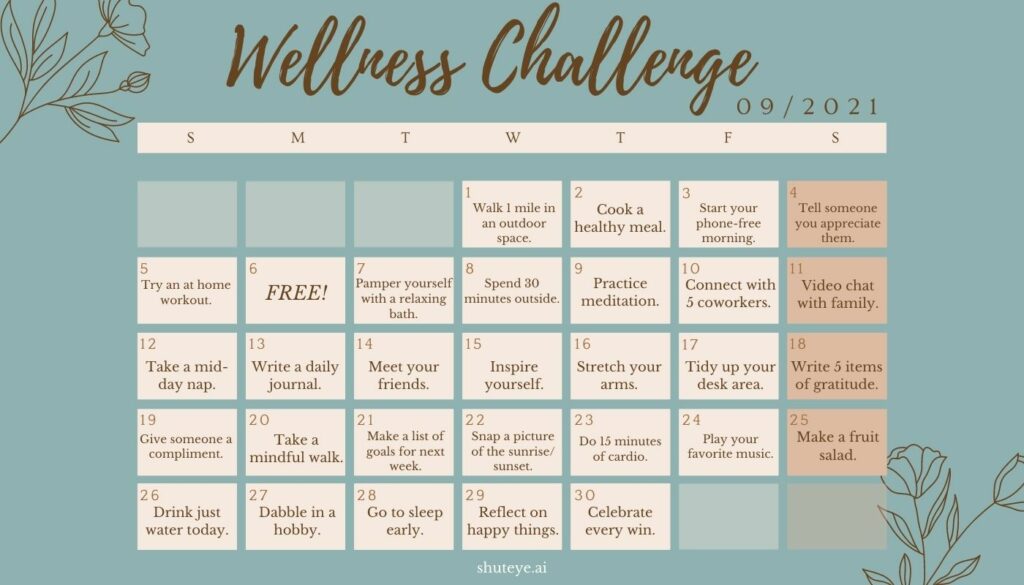 ShutEye 30 Day Wellness Challenge Calendar Ideas