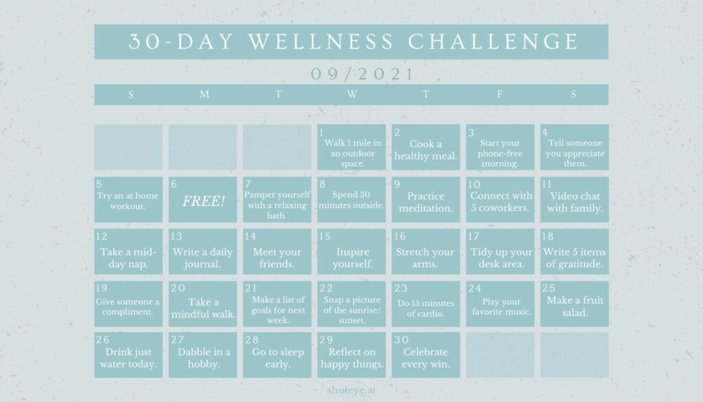 ShutEye 30 Day Wellness Challenge Calendar Ideas