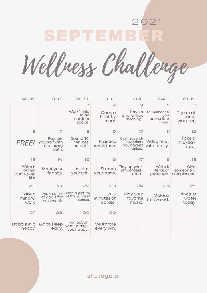 ShutEye 30 Day Wellness Challenge Calendar Ideas