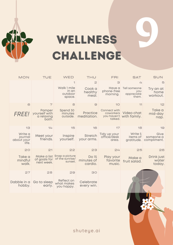 ShutEye 30 Day Wellness Challenge Calendar Ideas