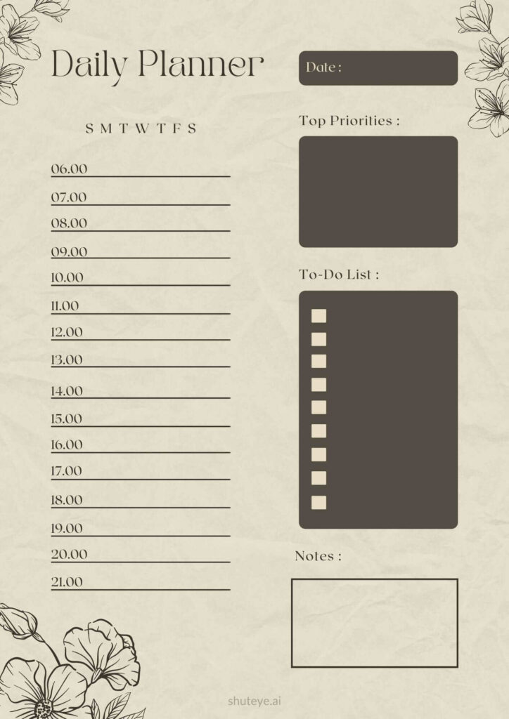 ShutEye Free Printable Daily Planner Template for Work and Study