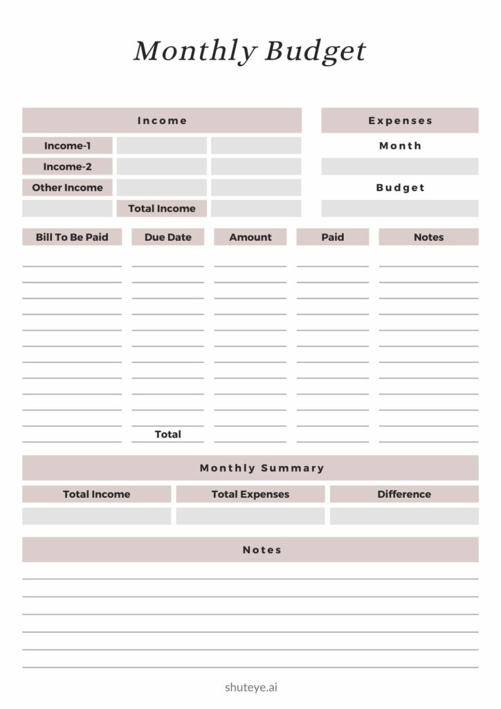 ShutEye Printable Budget Planner