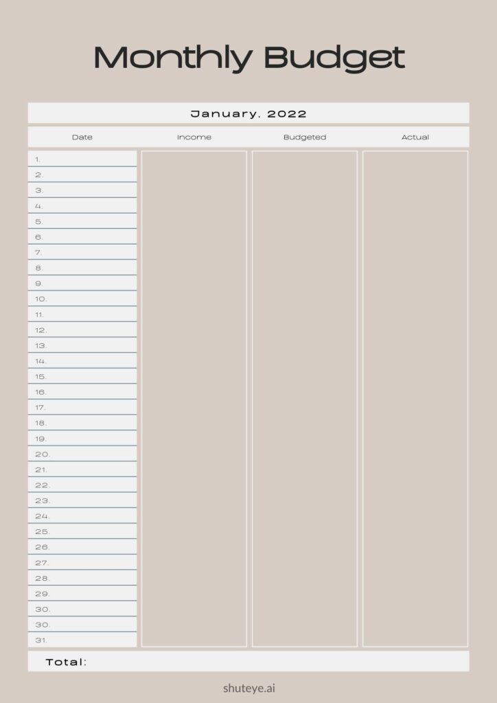 ShutEye Printable Budget Planner 