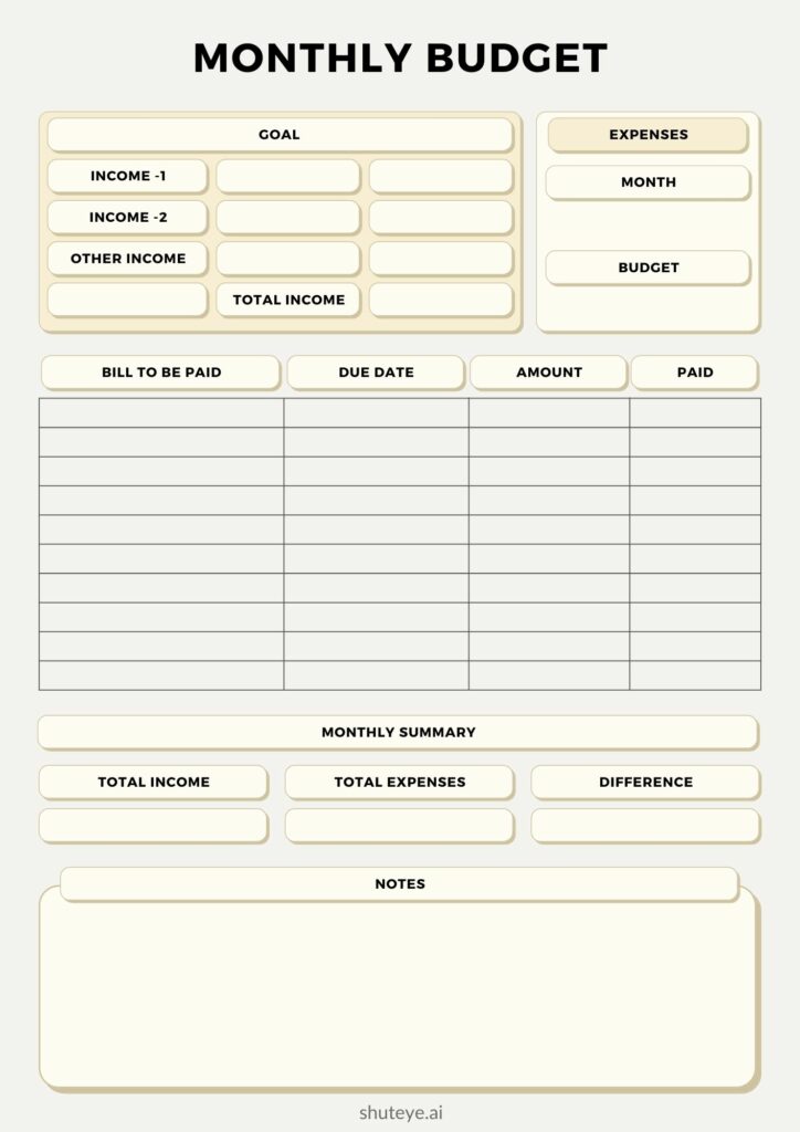 ShutEye Printable Budget Planner 