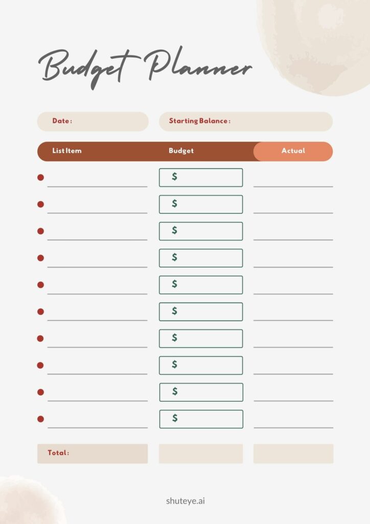 ShutEye Printable Budget Planner