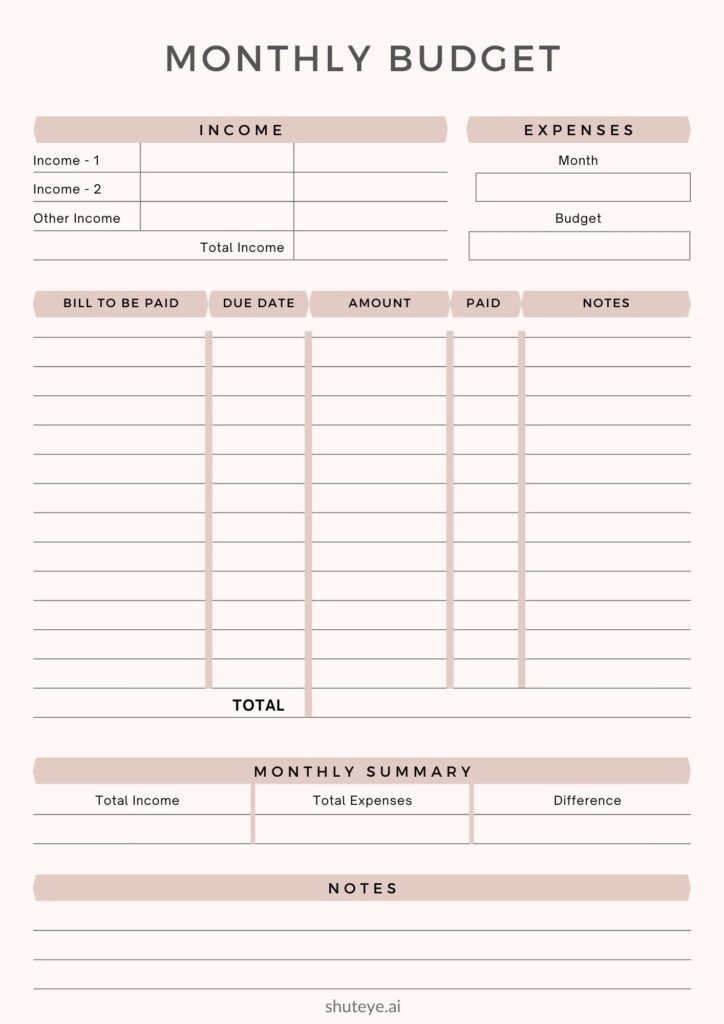 ShutEye Printable Budget Planner