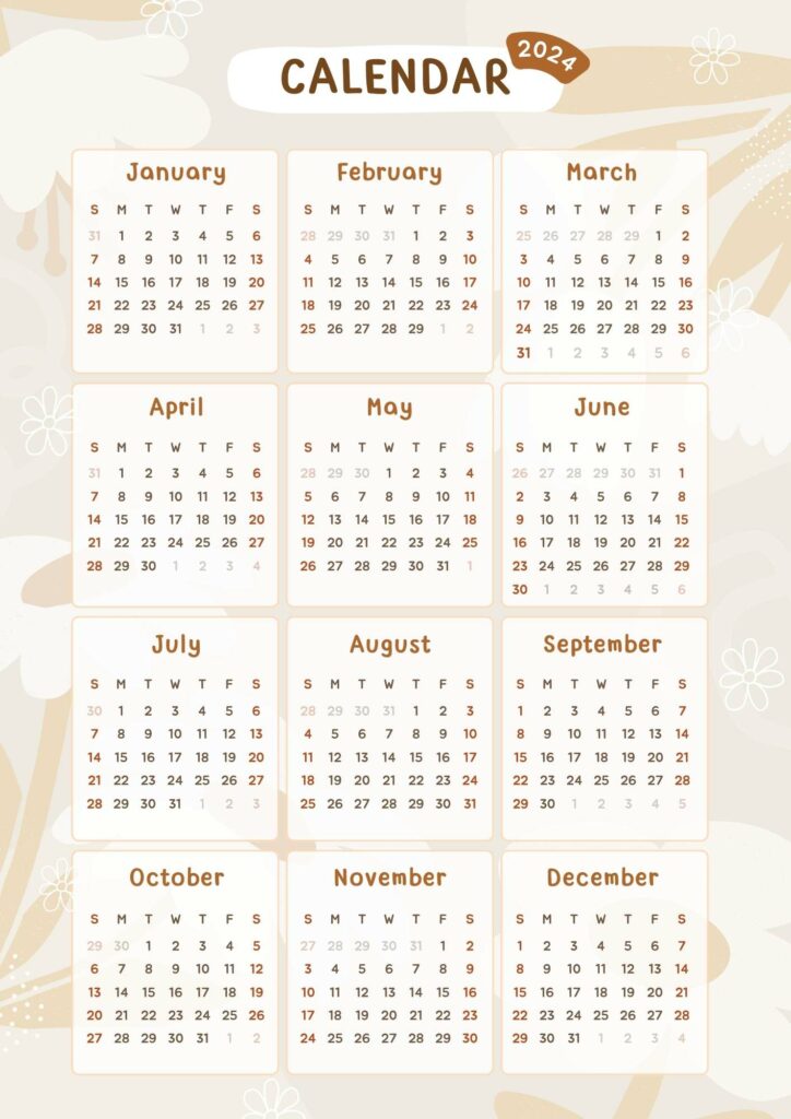 beige brown printable calendar 2024 to download