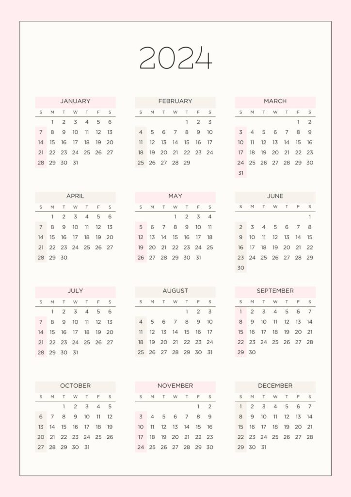 pink frame and beige background printable calendar 2024